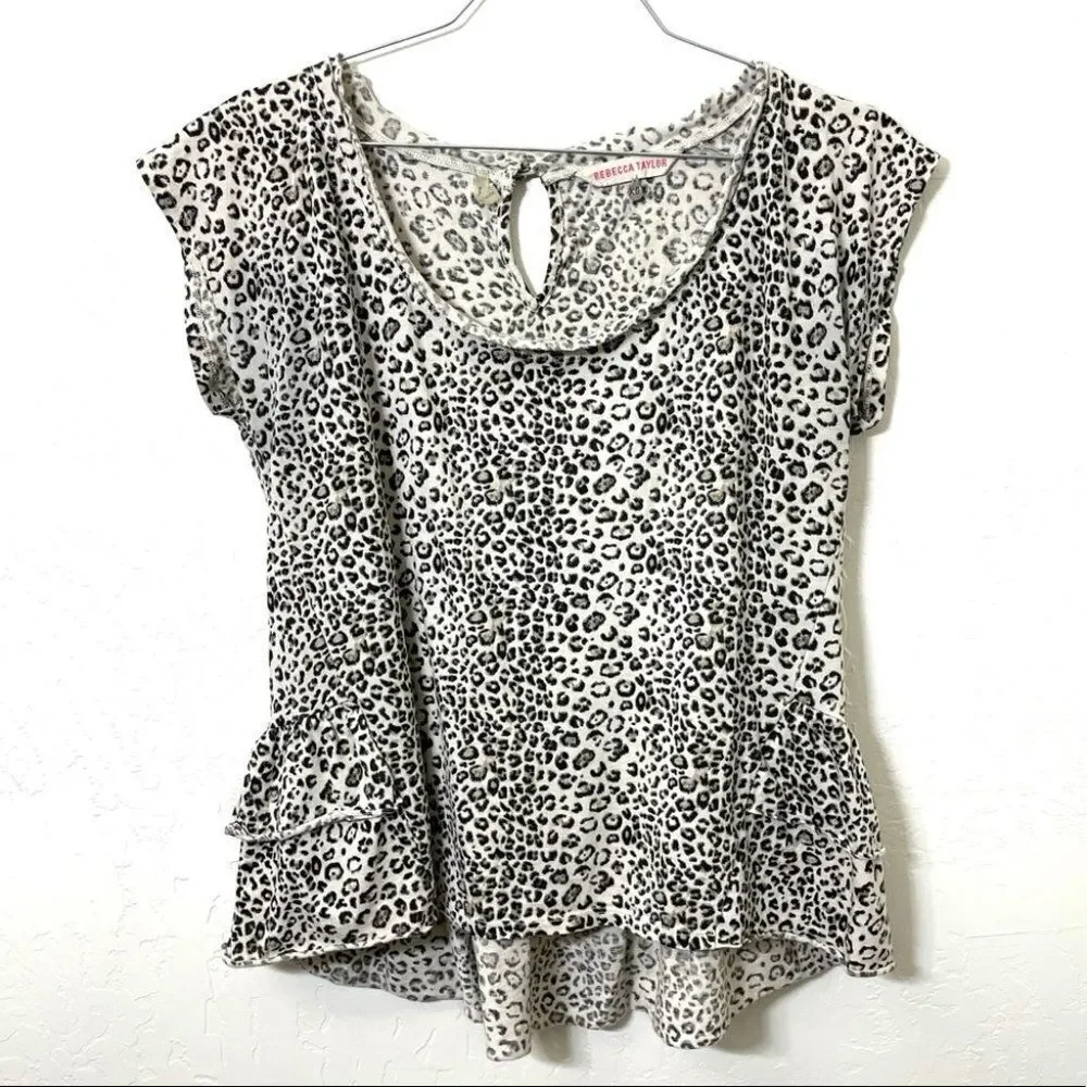 Rebecca Taylor Cheetah Leopard Print Ruffle Cotton Tee  Shirt
